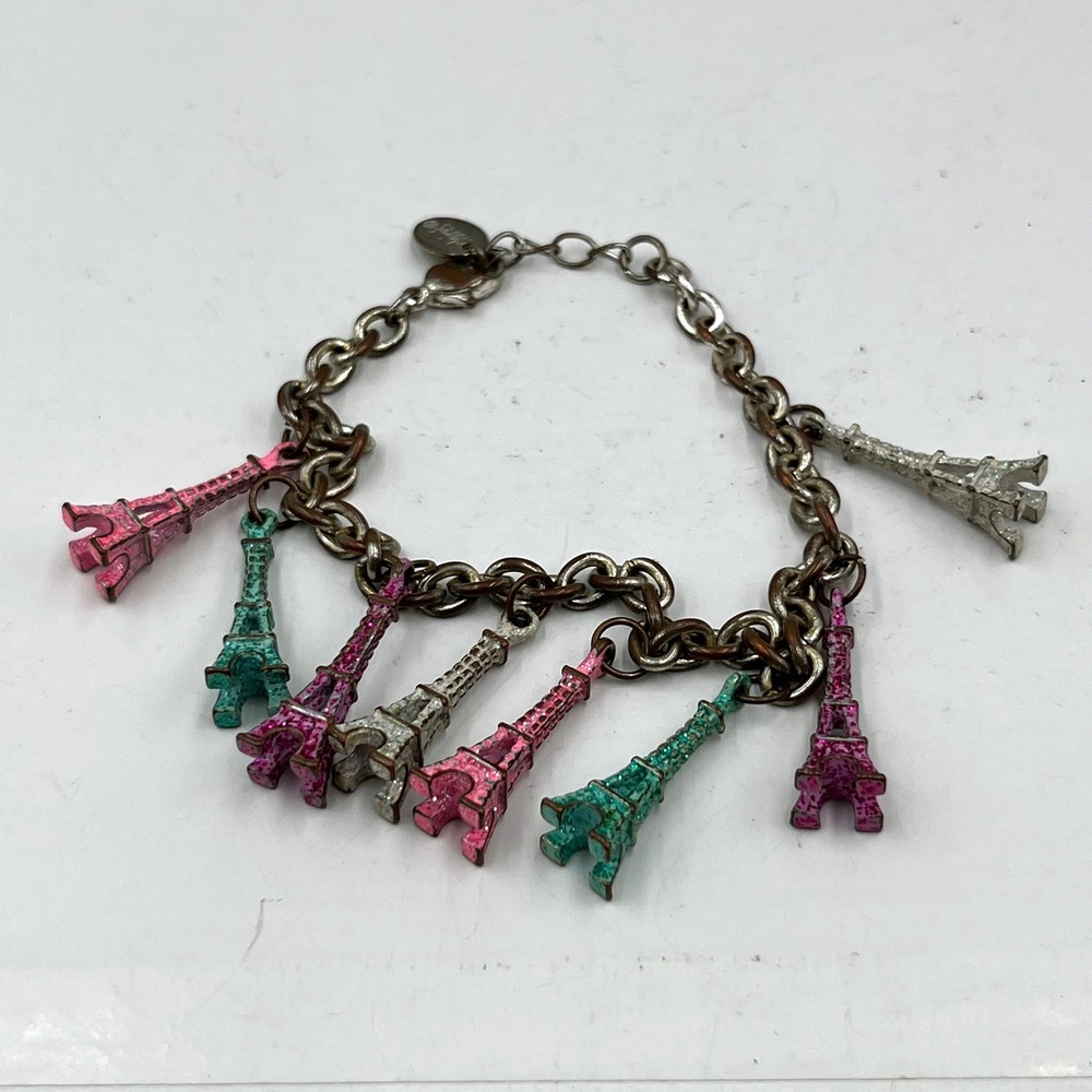 Claire's Eiffel Tower Charm Bracelet Silver Tone Multi-Color Pink Teal Paris 7"